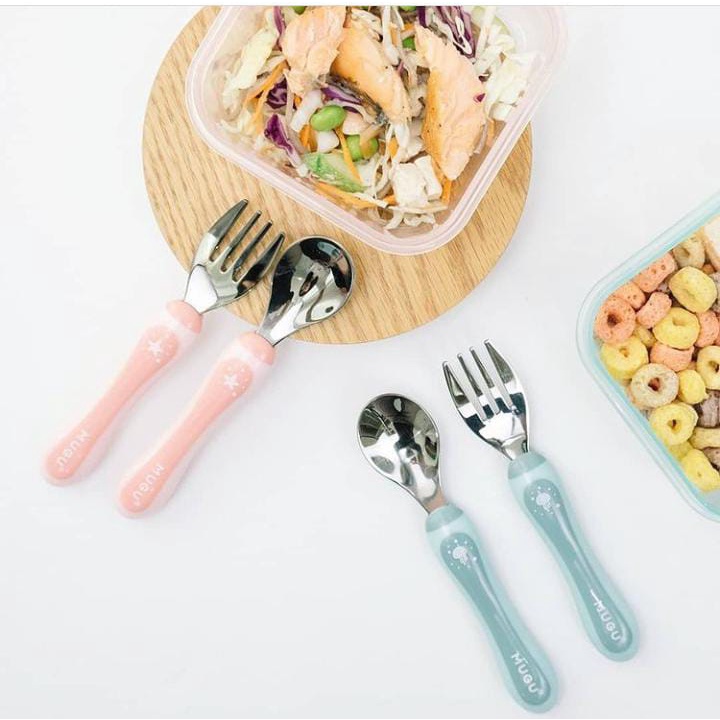 MUGU X MOOIMOM TODDLER SPOON &amp; FORK  WITH CASE / SENDOK GARPU ANAK