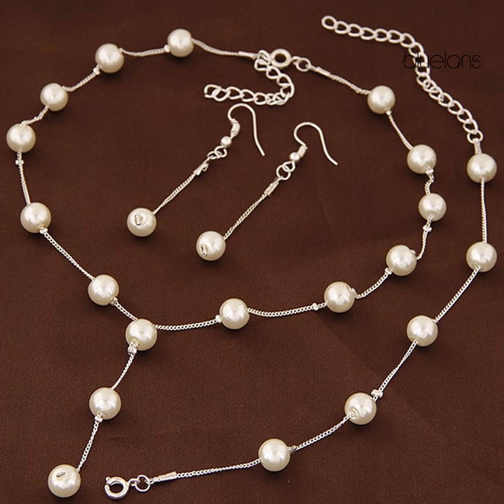 Bluelans 3Pcs Sweet Women Faux Pearl Long Chain Dangle Earrings Bracelet Necklace
