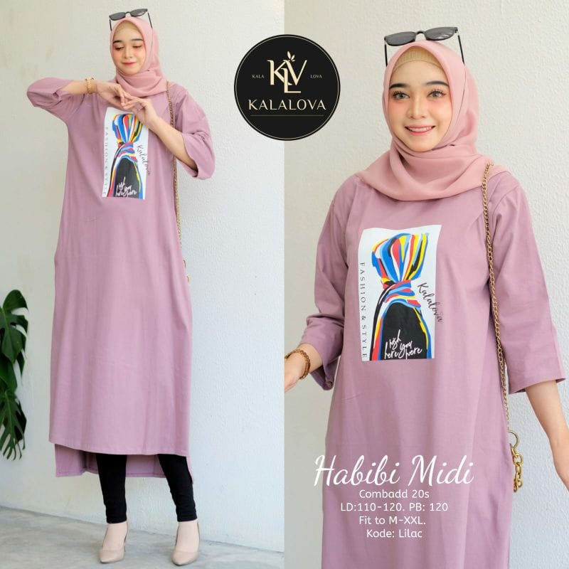 Habibi Midi Dress Muslim Baju Wanita Gamis Midi Kekinian Long Dress Jumbo Fashion Wanita Casual Dress