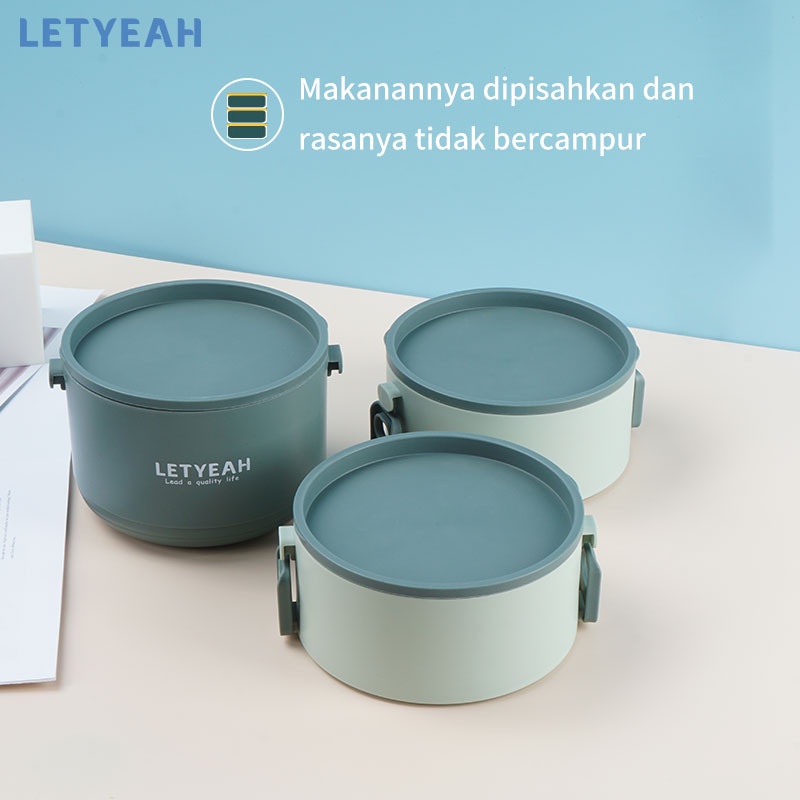 letyeah lunch box set anti tumpah 2200 ml/cutlery set stainless 3 in 1/kotak makan 3 susun kapasitas tinggi