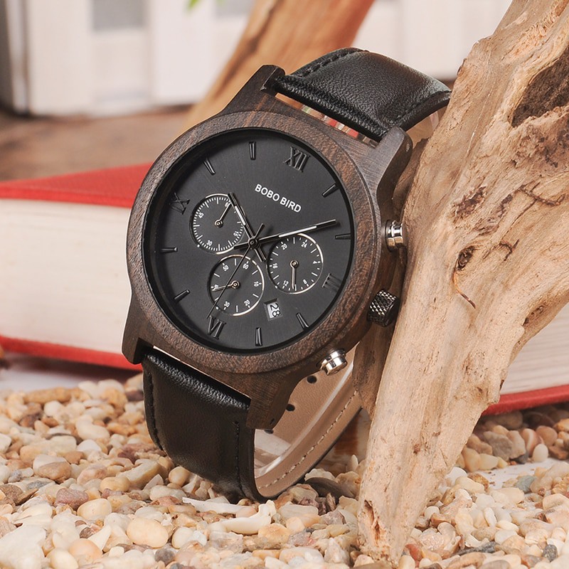 Jam Tangan Kayu Leather Strap - WP28 - Black / Jam tangan Pria / Jam Kayu / Jam Kulit / Jam Analog