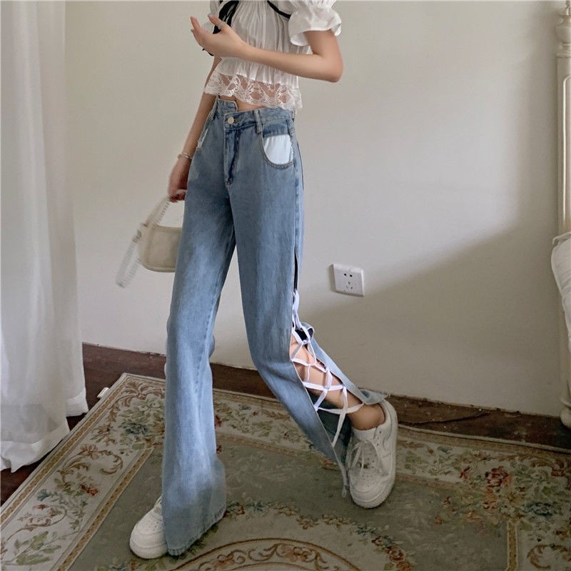 Suhao Musim panas Baru Vintage Hyun-ah Sisi Slip Celana Spice Girl Fried Street Jeans Celana Panjang Wanita Slim Fit Lebar Celana