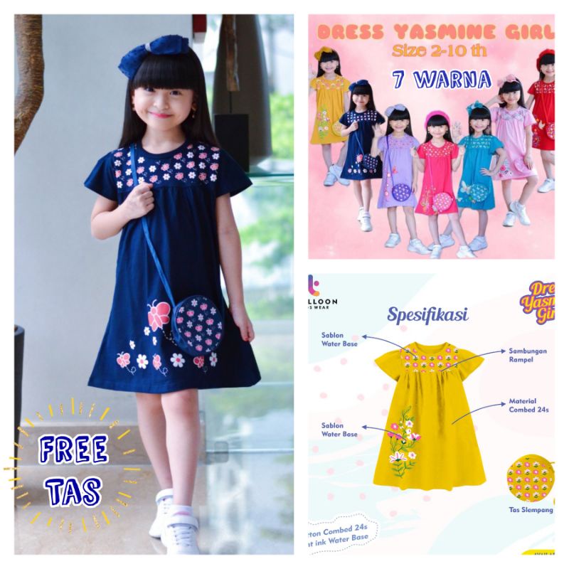 DRESS YASMINE GIRL BY TRILLOON ORIGINAL 1-10 TAHUN FREE TAS SELEMPANG PREMIUM / DRESS YASMIN GRATIS TAS SELEMPANG KANVAS / DRESS PREMIUM ANAK FREE TAS SELEMPANG