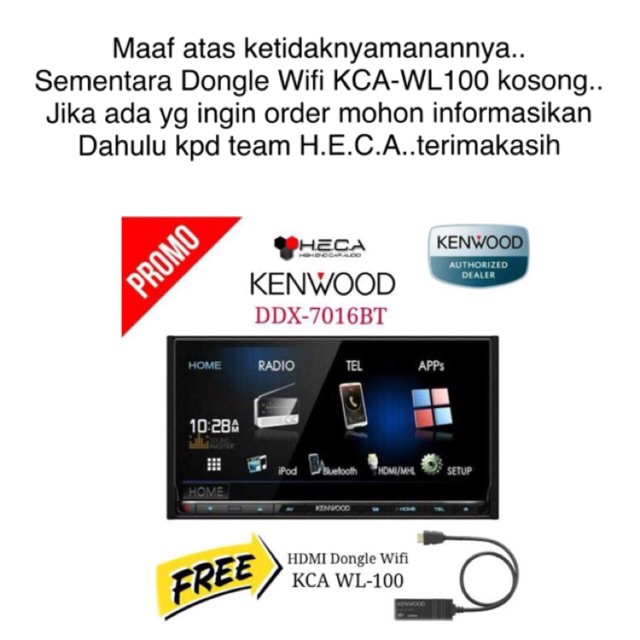 Paket Audio Mobil Kenwood DDX-7016BT DDX7016BT Double Din DDX 7016 BT DDX 7016BT + Dongle KCA-WL100