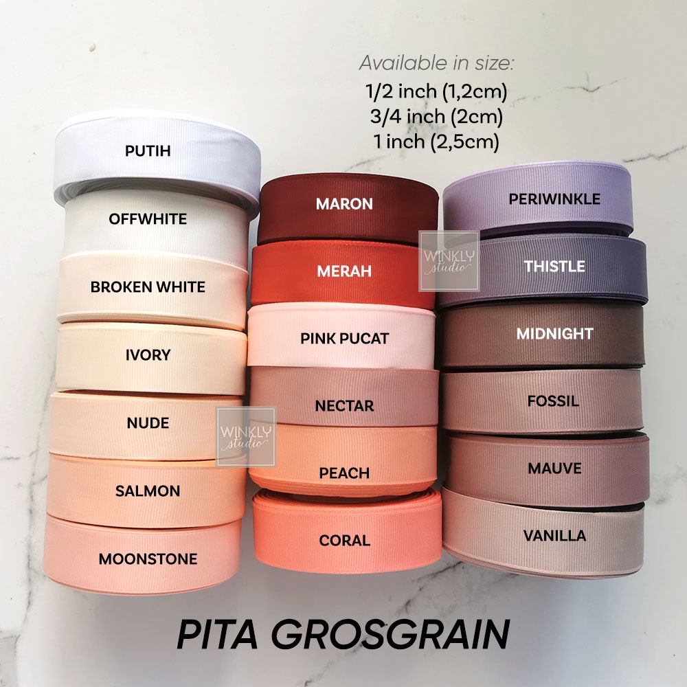 Pita Grosgrain 1,2cm / Pita Kado 12mm Gros Grain Ribbon 1/2inch - pink merah ivory biru hijau hitam ungu maroon peach brown