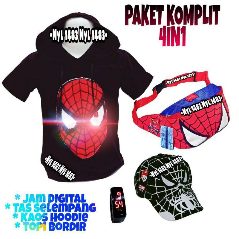 Baju anak led hoodie karakter spiderman gratis tas selempang jam topi bordir paket hemat  kaos murah