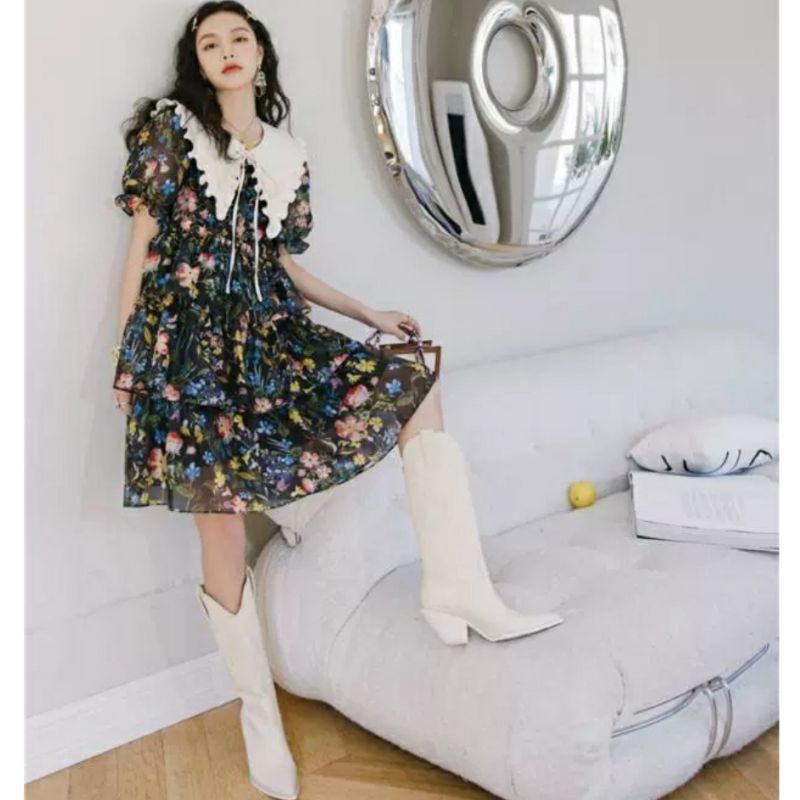 MDLV ~ 1894# Rosaria Tiered Mini Dress Layer Flower Dress Premium Korea Fashion import