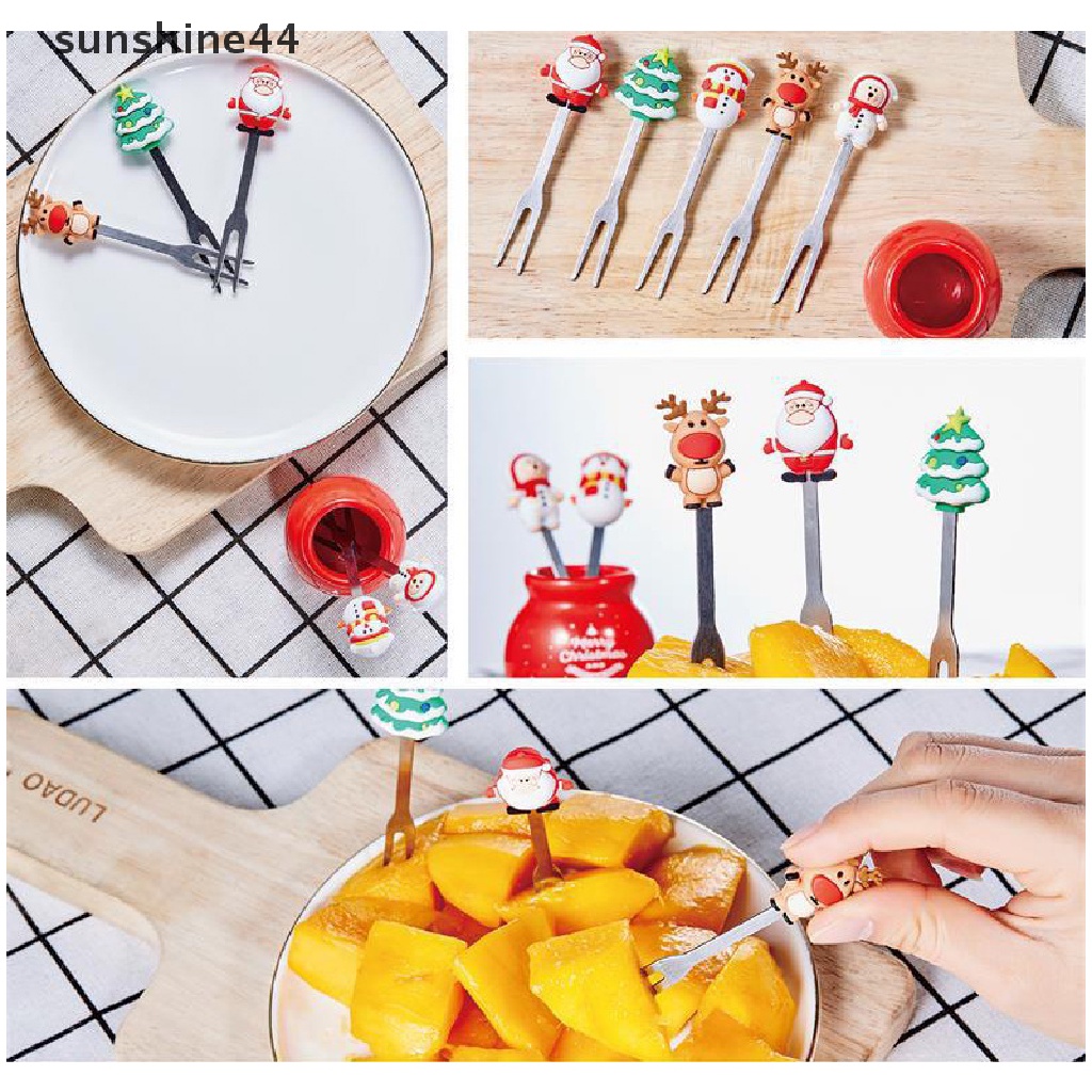 Sunshine 5Pcs / Set Garpu Buah / Sayuran / Salad Bentuk Santa Claus Bahan Stainless Steel