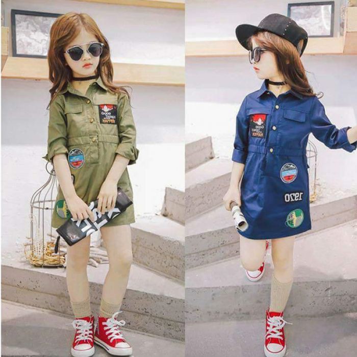 dress anak motif army hijau