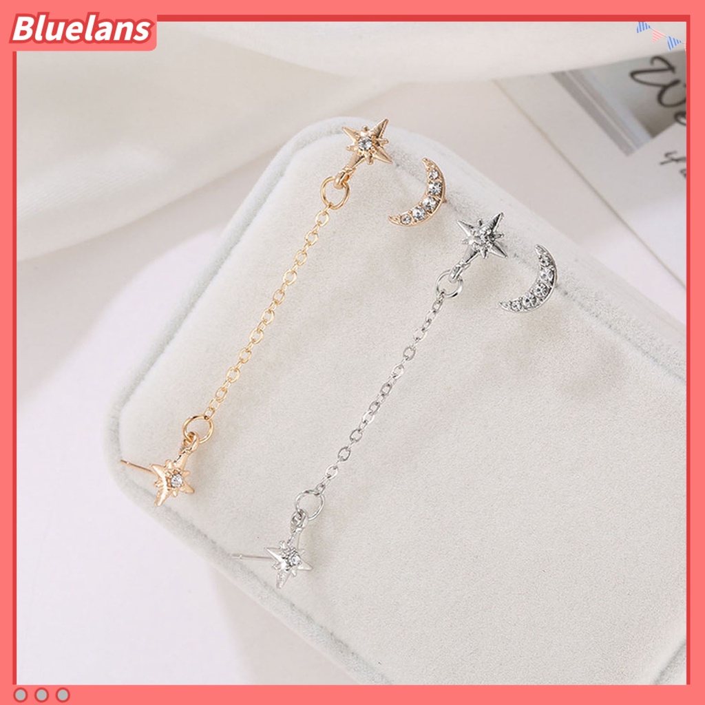 Bluelans 2Pcs Earring Vintage Moon Star Chain Rhinestone Alloy Unique Ear Stud for Women