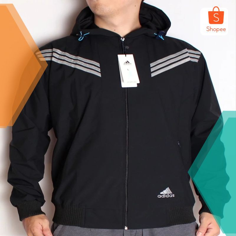 Grosir BEST SELLER  Jaket Adidas Waterproof Hoodie parasut Black / Hitam  Jaket motor pria Keren