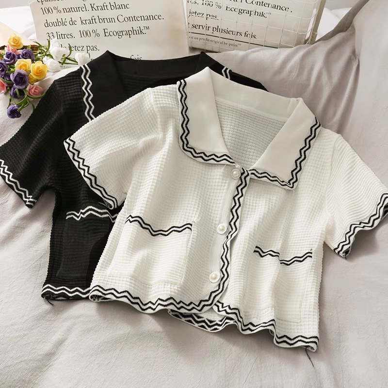 Wavy Knit Top Pocket Import | C367 | Atasan Crop Kerah Cardigan Rajut Impor Blouse Outer Korean style