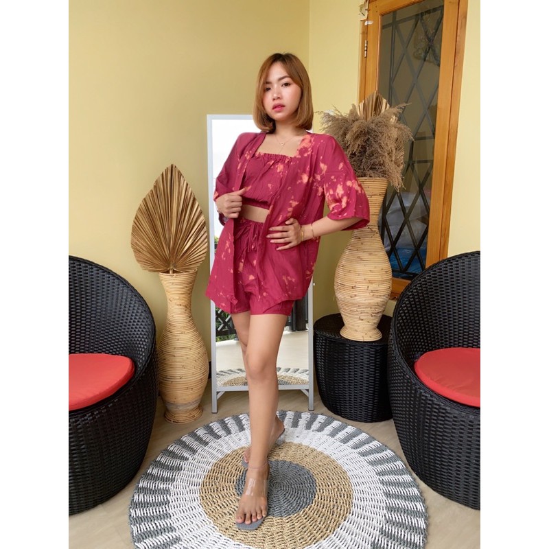 (Ready stock) Satu set Cardigan, kemben dan celana pendek motif tie dye/Shibori terbaru