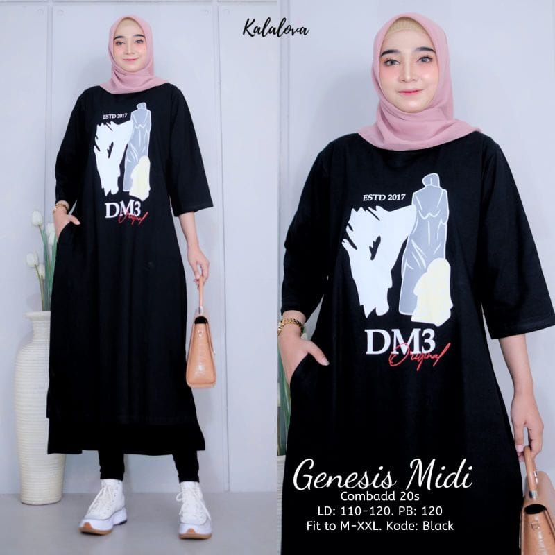 Midi dress wanita Genesis midi dress bahan kaos katun combed 24s Aplikasi sablon size s-xxl ld 90 - 120 cm Pakaian muslim wanita Dres wanita model terbaru Gamis wanita jumbo Long tunik wanita korean style warna hitam