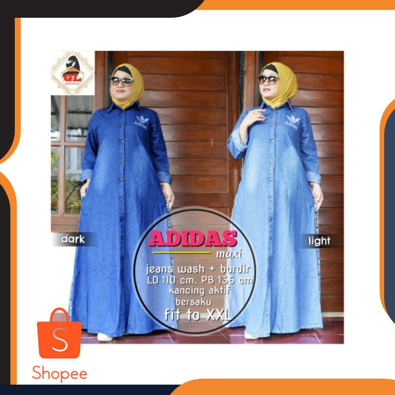 2 Promo Gamis wanita terbaru Adidas Maxy harga terjangkau matt jeans wash HQ ld110 pj135 bersaku