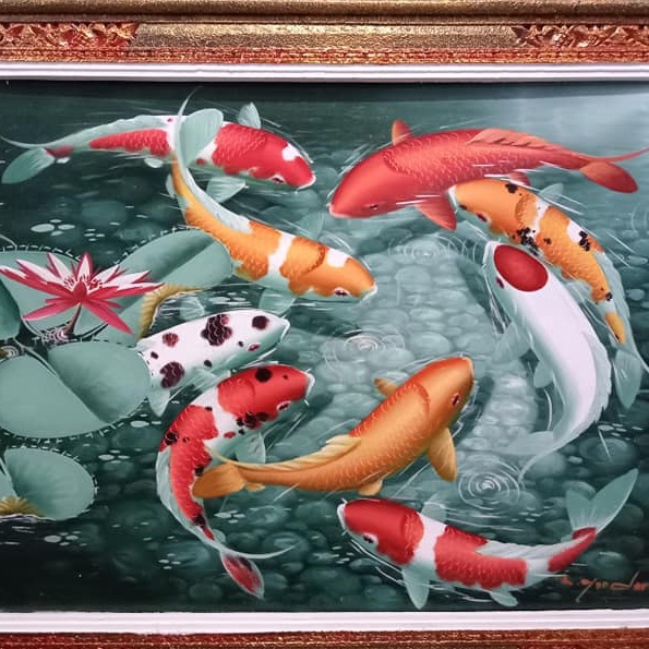 LUKISAN HIASAN DINDING ASLI TRADISIONAL BALI IKAN KOI DAN BURUNG