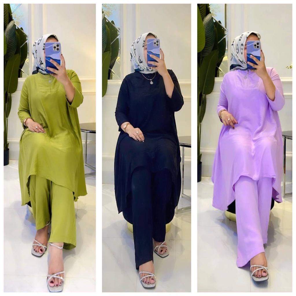 Monalisa One Set Tunik Twill Ori Setelan Wanita Lengan Panjang Fashion Muslim Kekinian LD 110 cm