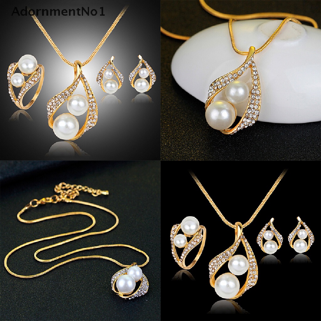 (AdornmentNo1) Set Kalung + Anting + Cincin Kristal + Mutiara Imitasi Untuk Pengantin Wanita