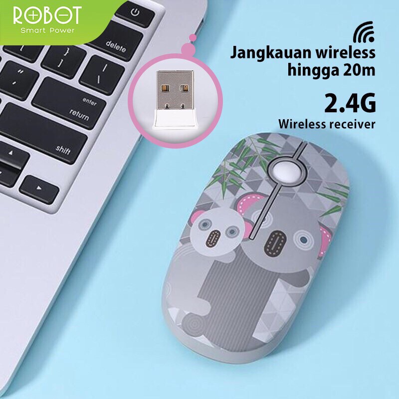 Mouse Wireless ROBOT M330 Stylish 2.4GHz Silent Optical 1600DPI Receiver USB untuk PC Laptop-Garansi