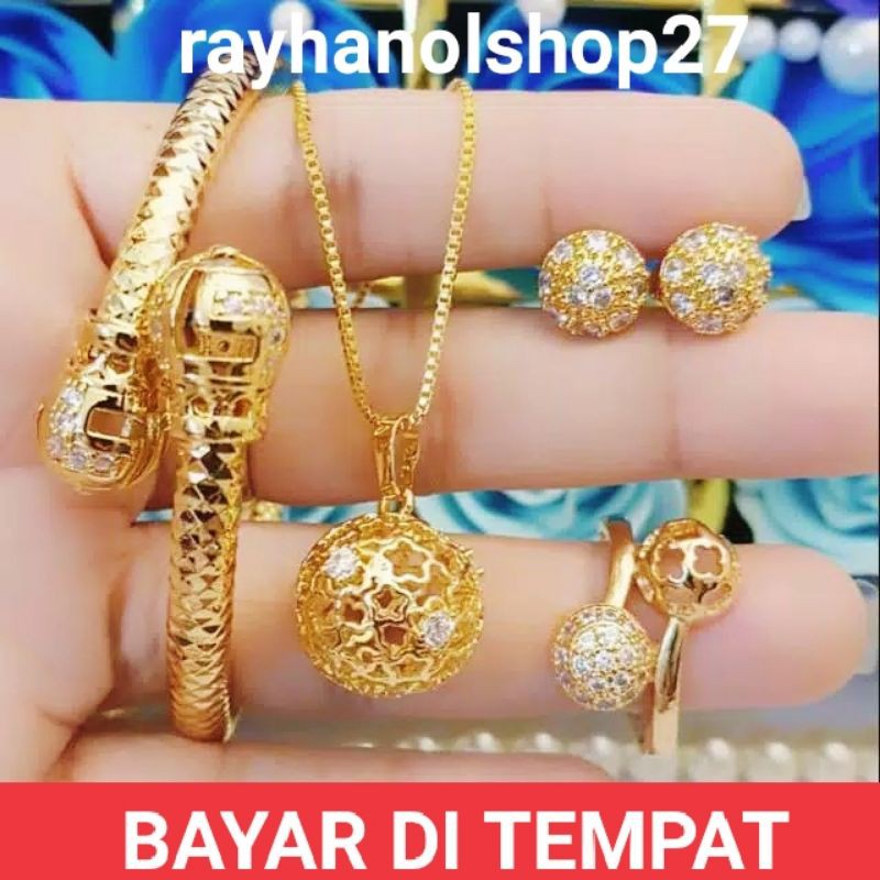 Set perhiasan wanita dewasa  motif tangkai bulat bola terbaru lapis emas gold Anti luntur