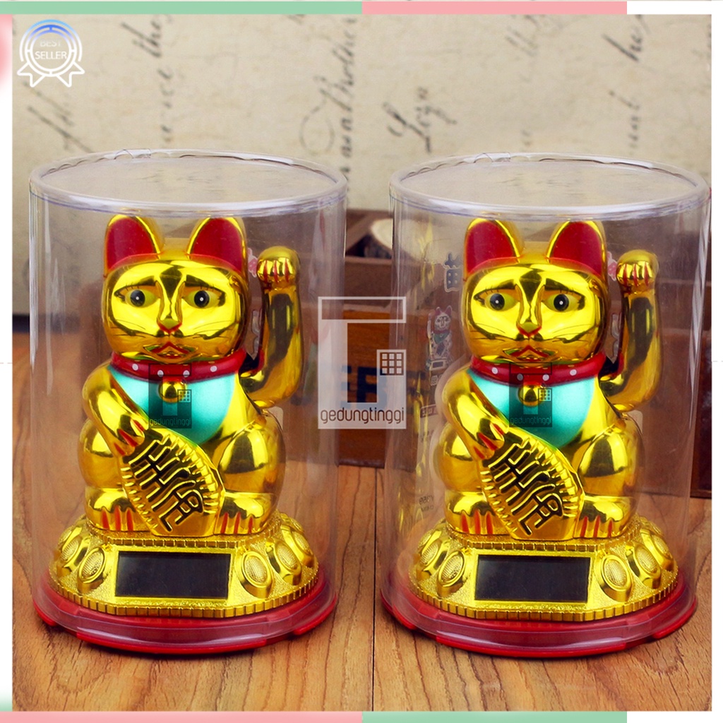 Boneka Patung Hiasan Dekorasi Pajangan Kucing Hoki Keberuntungan Lucky Cat Rejeki Maneki Neko Maneko Neki Emas Gold Tangan Gerak Goyang Baterai Batre Batrai Batrei Non Solar Listrik Jepang Cina China Meja Kasir Toko Size Ukuran Kecil Sedang Medium Besar