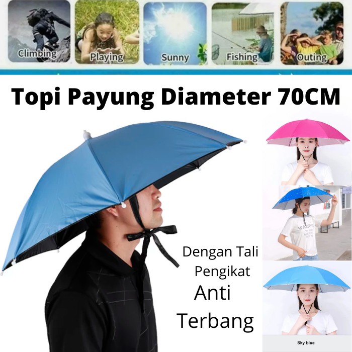 Topi Payung - Payung topi - Payung Kepala Payung Mancing Hiking Outdoor Jumbo Besar 70CM dengan Tali