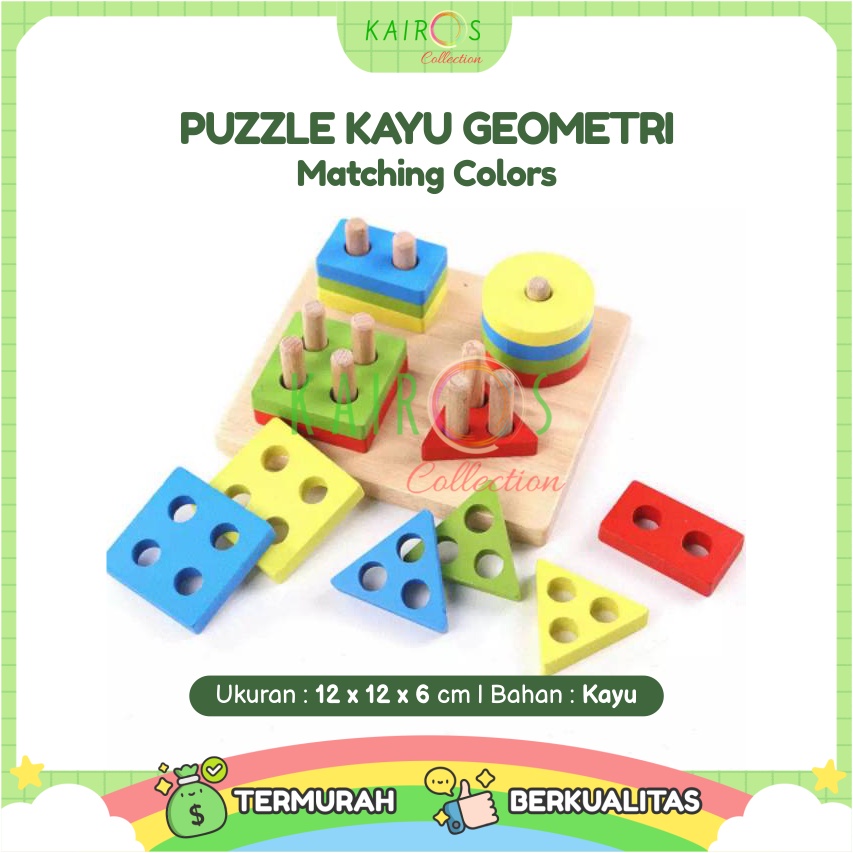 Mainan Kayu Edukasi Anak Menara Geometri Wooden Matching Color Montesori