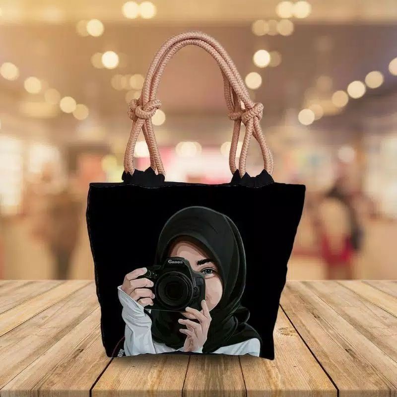 Totebag tali sumbu tas hijab bermotif karakter