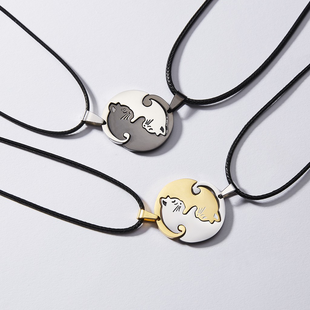 Kalung Bahan Stainless Steel Desain Kucing Yin Yang Tai Chi Warna Hitam Putih Untuk Pasangan