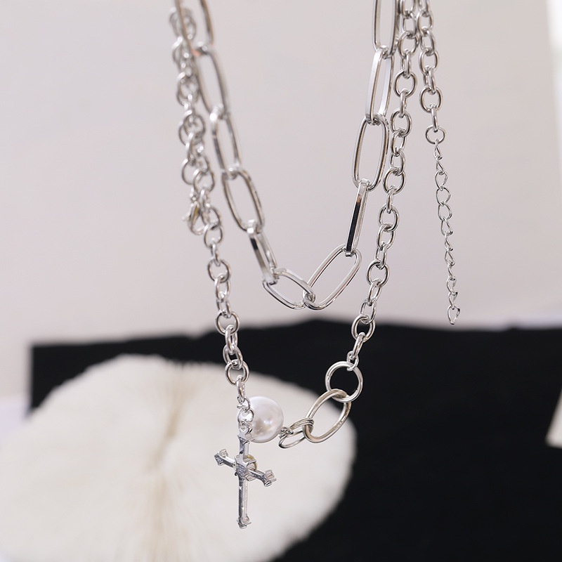 Korean Punk Double Necklace Fashion Hip-hop Pearl Cross Pendant Unisex