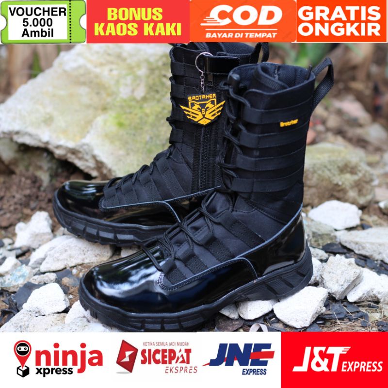 Sepatu Pdl Ninja Tni Polri Kulit Kilap Anti air Sleting Sol Keliling Merk Brotrher New Ninja kilap