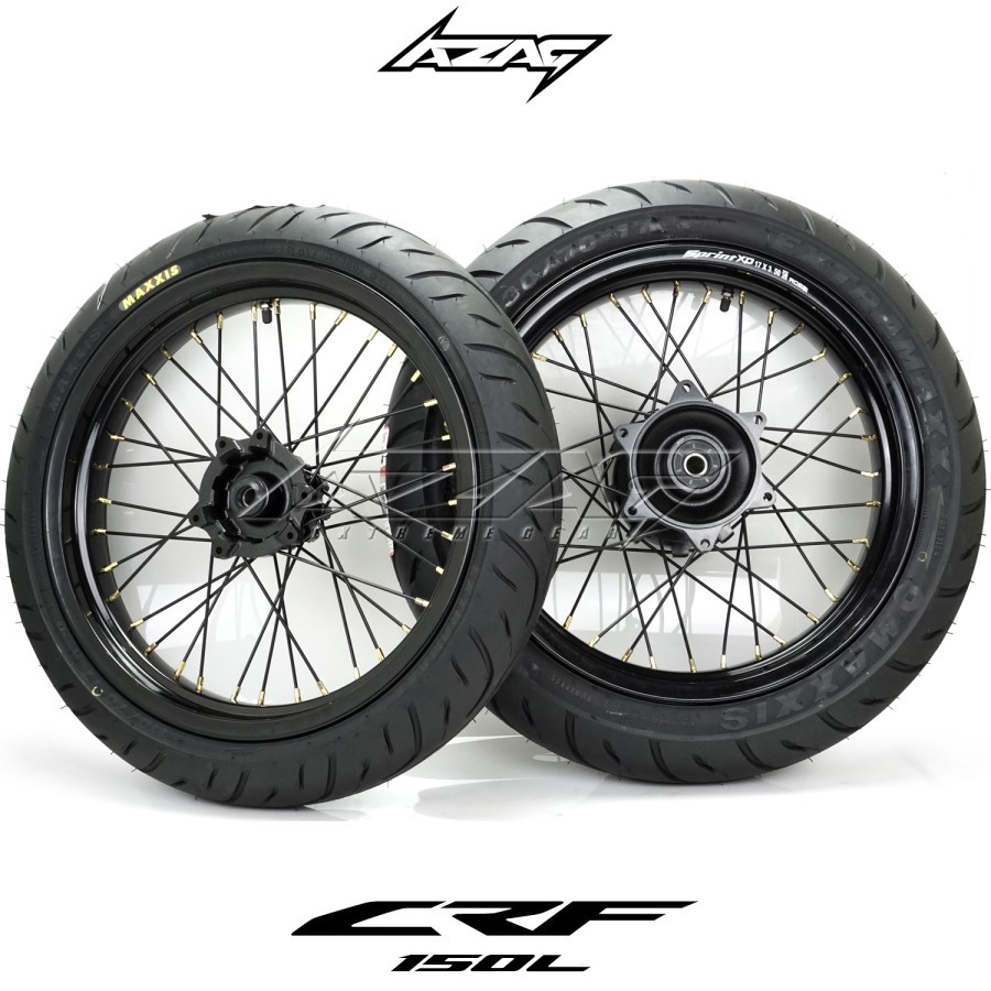 PAKET BAN SUPERMOTO CRF150 VELG ROSSI BLACK TROMOL BLACK BAN MAXXIS 110-130