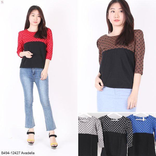 Promo Blouse Desain Kombinasi Hitam Polkadot Lengan Pendek