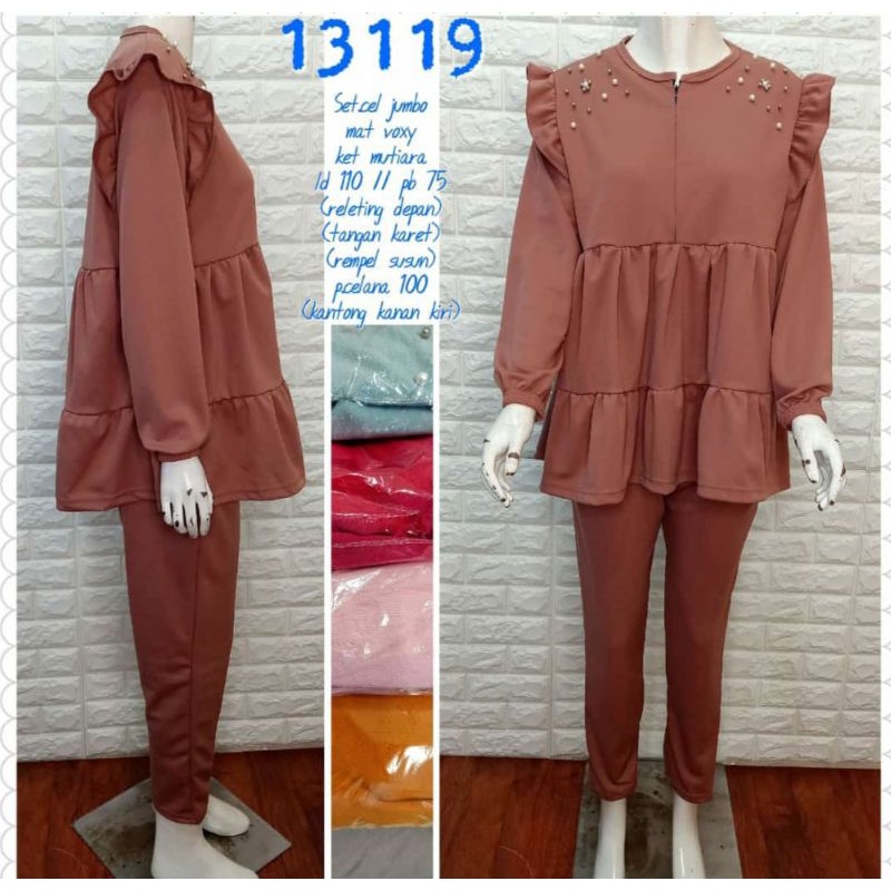 Setelan tunik busui mutiara rempel 2 susun + celana motif polos bahan voxy merk esther