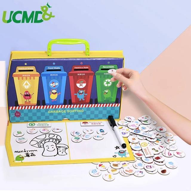 Mainan edukasi garbage sorting box - magnetic board games on environmental guards