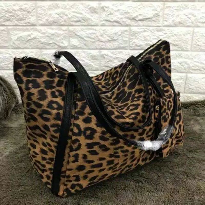 Tas awkarin / tas fashion korea leopard nylon tote bag / tas macan tote bag free pouch / tas kerja