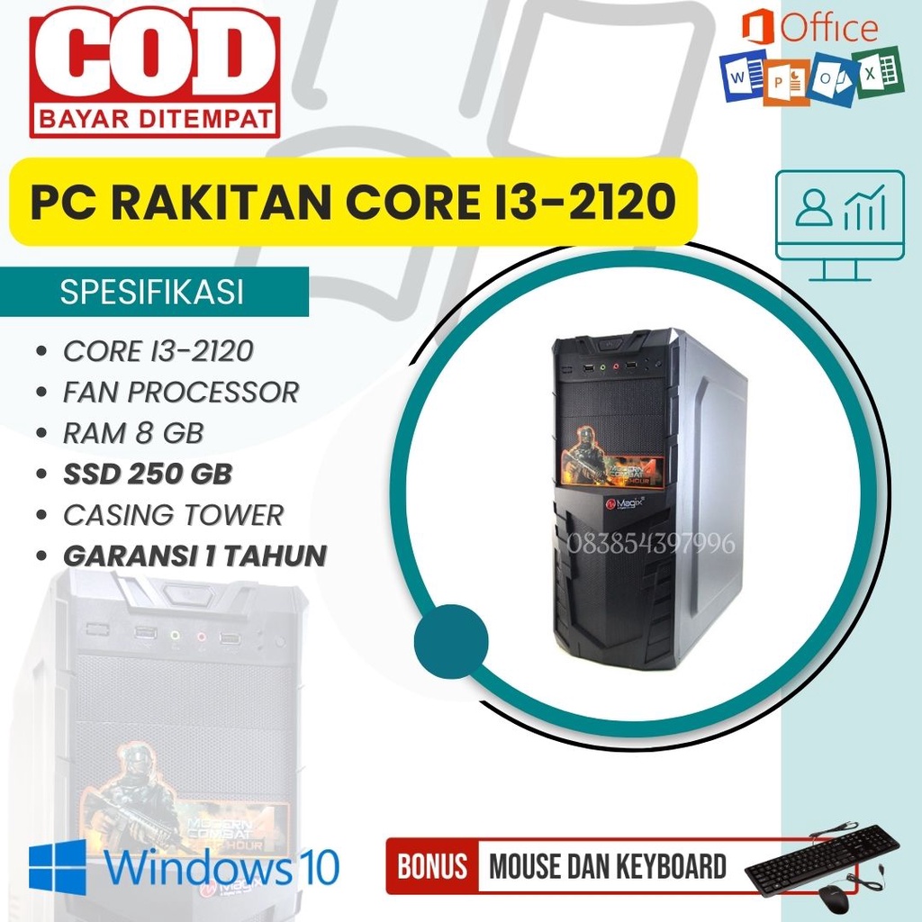 PC RAKITAN CORE I3-2120 / RAM 8GB / SSD 250GB / MOTHERBOARD ASUS H61 / CASING TOWER / BONUS MOUSE &amp; KEYBOARD + INSTALL WINDOWS 10 + OFFICE