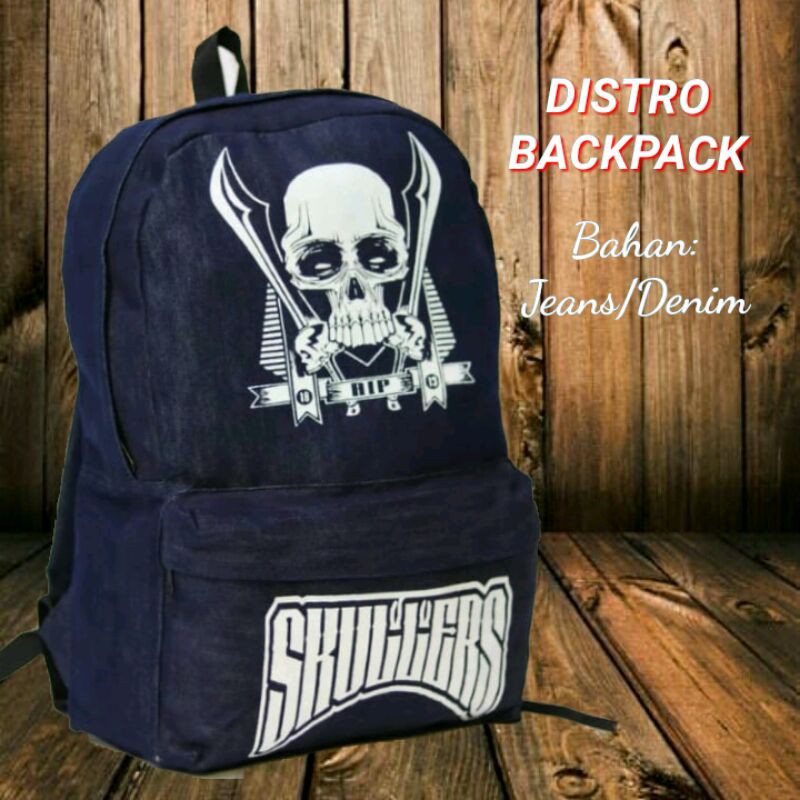 Tas Ransel Pria Sekolah SMP SMA Bahan levis Gambar Tengkorak