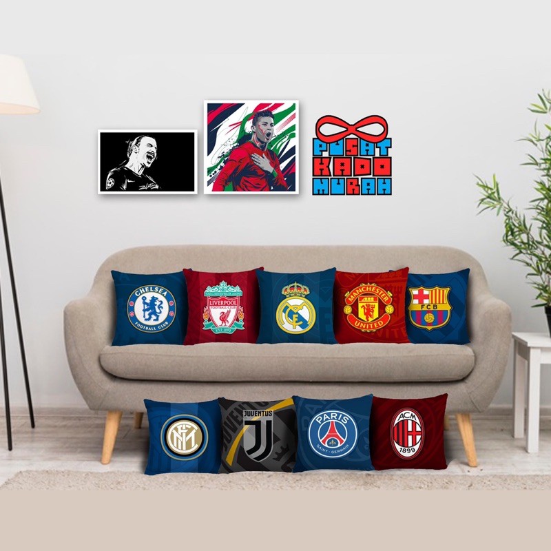 Bantal Sofa Print Motif Club Bola Liga Inggris Italy Prancis Spanyol 40x40 cm - Pusat Kado Murah