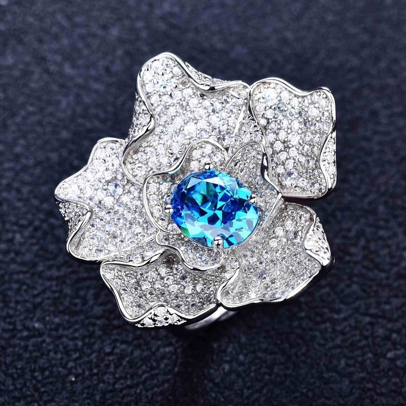 Premium Custom Luxury Full Diamond Sea Blue Moissanite Ring