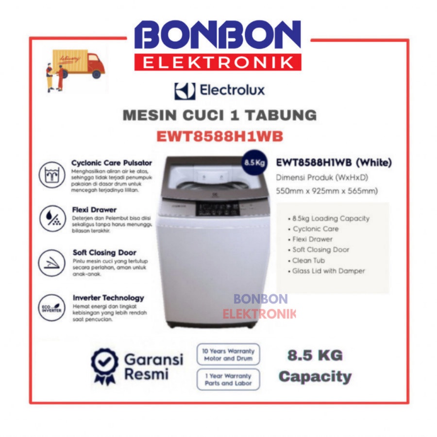 Electrolux Mesin Cuci 1 Tabung 8.5KG EWT8588H1WB / EWT 8588H1WB