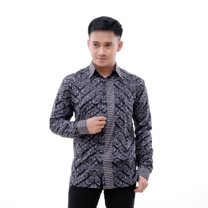 Batik Pria Lengan Panjang BATIK AZMIL HRB026 motif KERATONAN Kode 002 size M L XL XXL Reguler-Unter abu