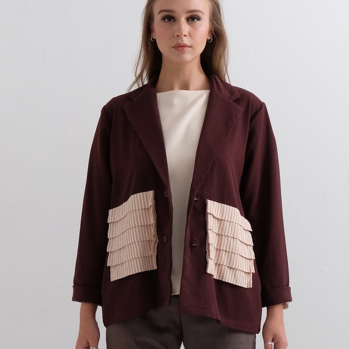 MAENKAEN Cosca Blazer | Blazer Kasual Wanita Marun Kombinasi Lurik