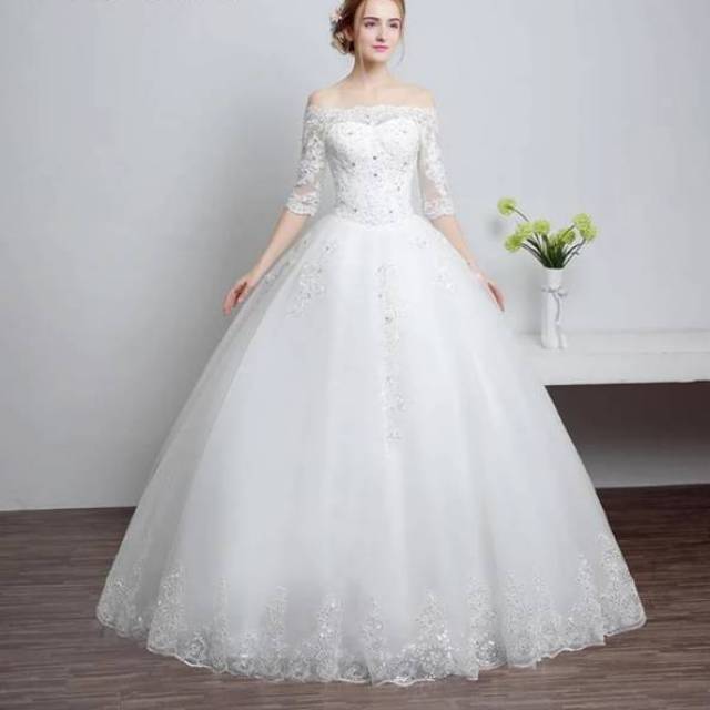 Sexy Putih Perahu Leher Bordir Berpayet Bunga Pernikahan Gaun Pernikahan 2020 Korea Pengantin