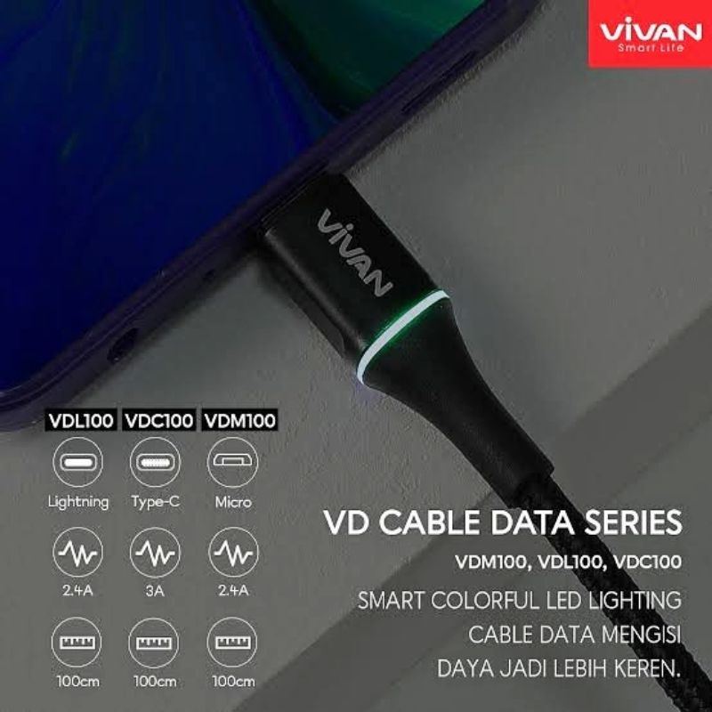 VIVAN KABEL DATA LED LIGHT FAST CHARGING MICRO USB/ TYPE C/ lPH0NE 6 6s 6+ 7 7+ XR XS 11 PRO MAX