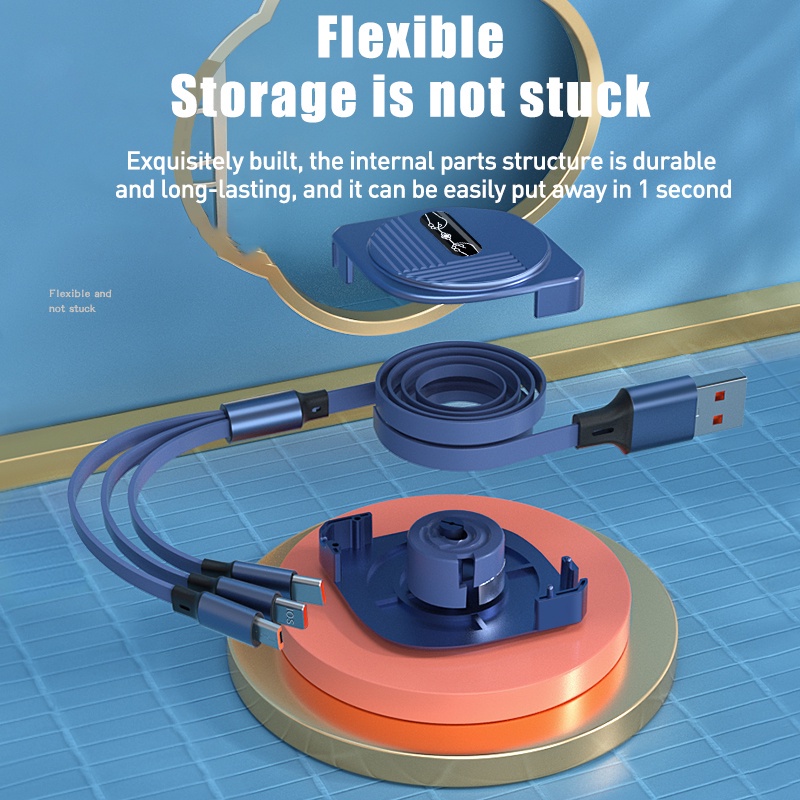 3in1 Kabel Charger Usb Tipe c 6a 100w Fast Charging Retractable Portable Untuk Android