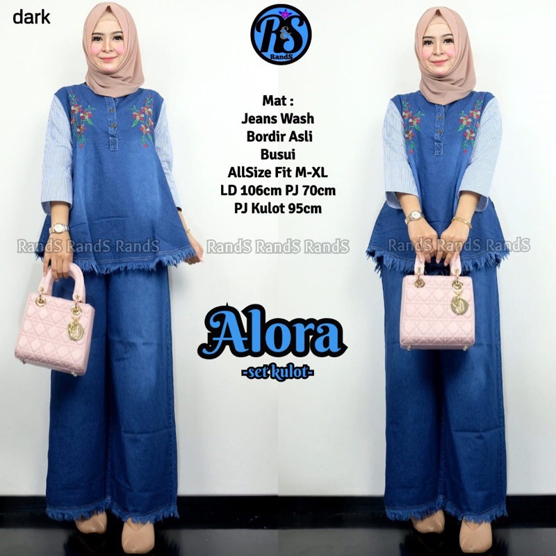 Alora One Set Setelan Kulot Jeans Wash Bordir Asli Rawis Ld 106 Fit XXL Busui Kancing By Rands