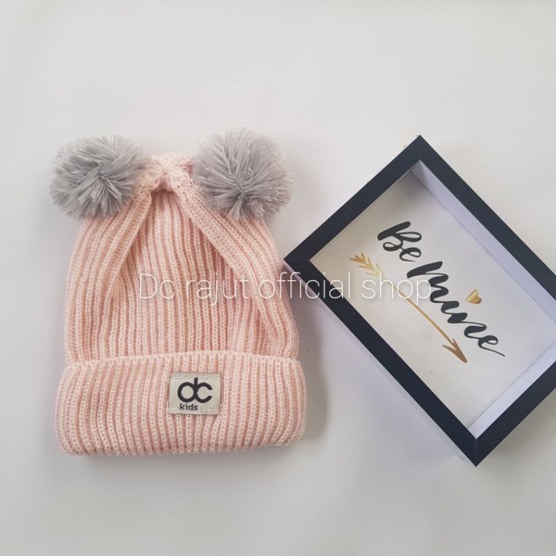 Topi Rajut Anak Pompom Kupluk Rajut Anak Bayi Pompom-Peach