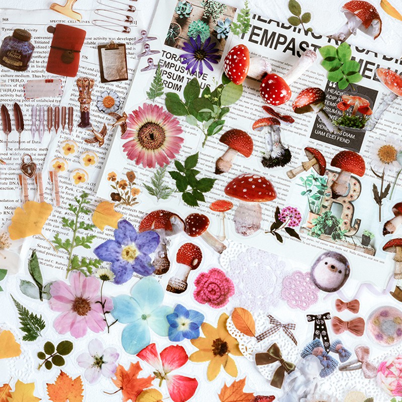 Journamm 40pcs Plant Flowers Maple Leaf Mushroom Kawaii Stickers Deco Scrapbooking Planner Japanese Kawaii Decorative Stationery-1