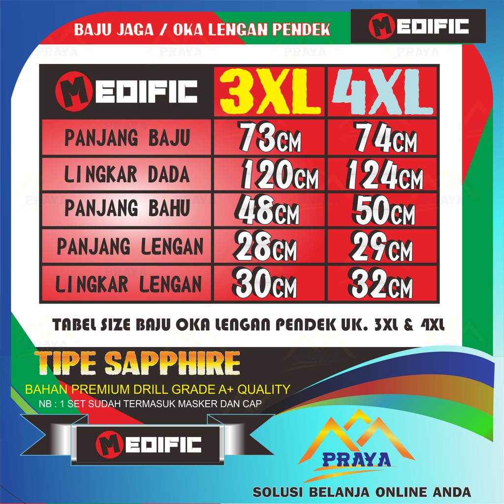 Size XXXL / 3XL / 4XL XXXXL Baju jaga Lengan PENDEK Baju Ok Baju Oka  Tipe Sapphire merk MEDIFIC